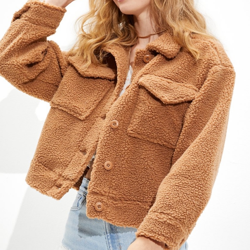 😍 GUC American Eagle Ladie's Cropped Sherpa Teddy Jacket, Brown, Small - Picture 1 of 11